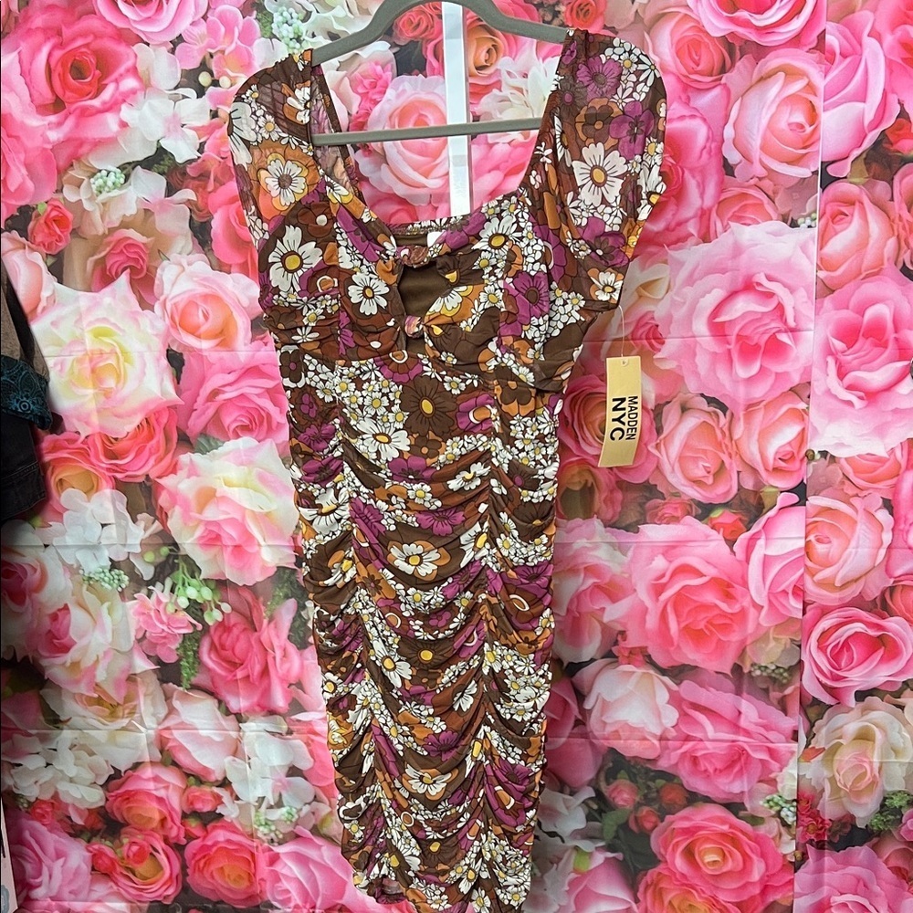 NWT Trendy Floral Mini Dress - Brown and Pink